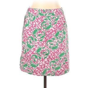 LL Bean inverted Pleat Lobster Pink and emerald Green Print Cotton Skirt
